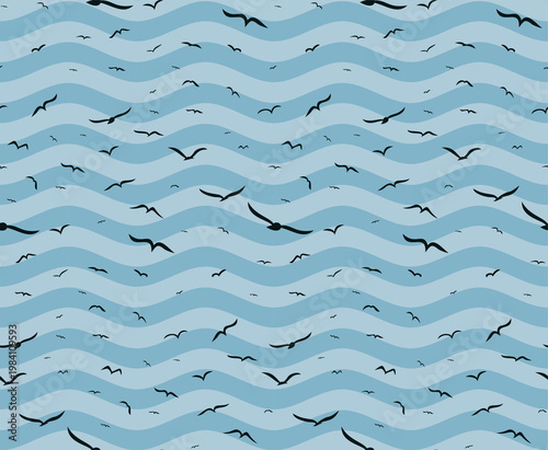 Seamless background with blue wave and birds.