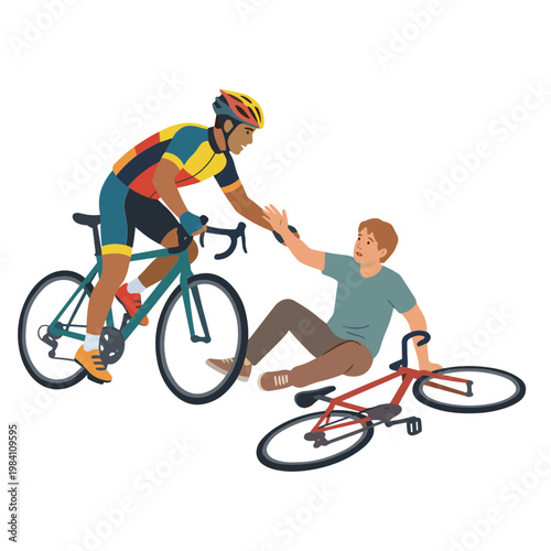 Cyclist helps fallen rider on road with bicycle assistance