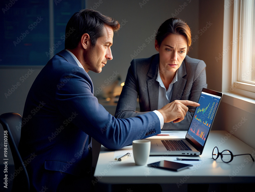Obraz premium Businesswoman Using Computer with Large Screens for Big Data Analytics and Market Insights