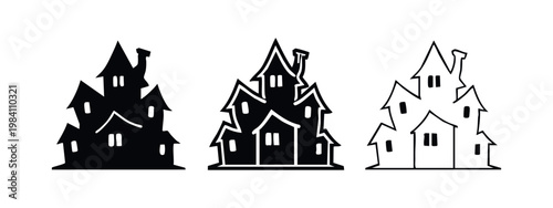 Haunted house icons set, solid, outline, and thin line graphic