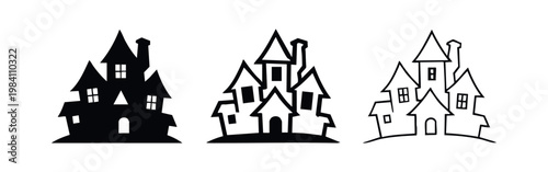 Haunted house icons set, solid, outline, and thin line graphic
