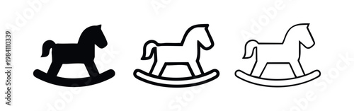 Rocking horse icons set, solid, outline, and thin line graphic