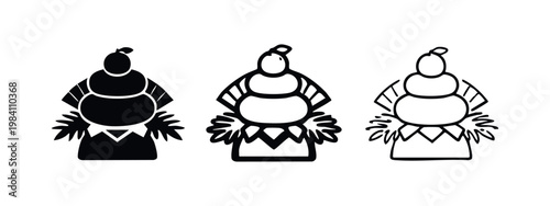 Set of black and white Japanese Kagami Mochi icons on a white background