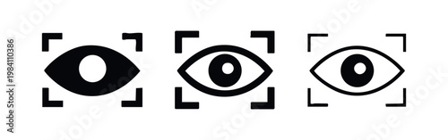 Set of three eye recognition icons in black and white on a white background