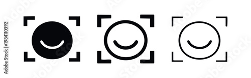 Set of three face recognition icons in black and white on a white background