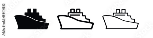 Three cruise ship icons in solid, outlined, and drawn styles