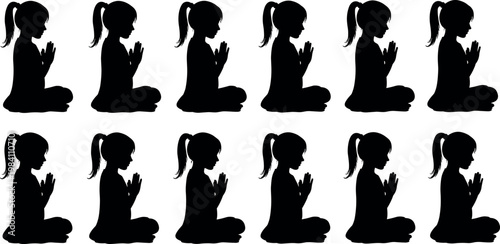 Black silhouette vector illustration pattern of a little girl sitting and praying peacefully with folded hands isolated on white background.