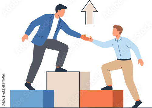 Two businessmen climb blocks to reach success with helping hand