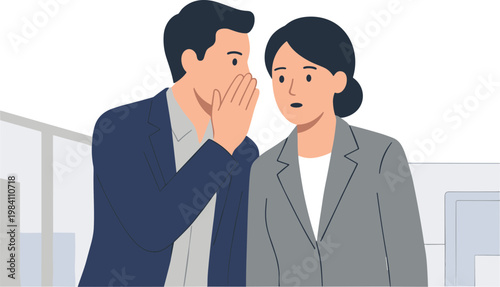 Man whispers secret to surprised woman in office setting indoors