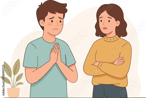 A man and woman are having an awkward conversation in a room.