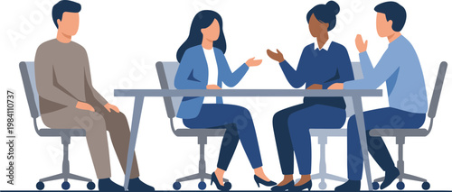 Four diverse people sitting at a table discussing and gesturing