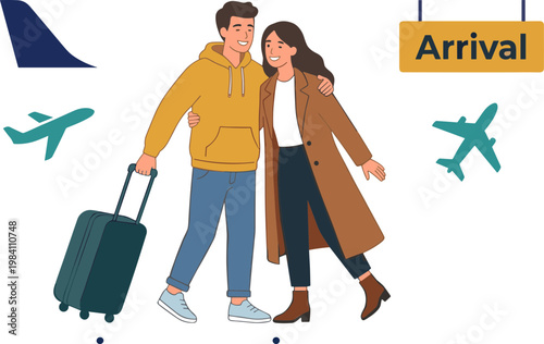 Couple arrives at airport with luggage and boards flight.