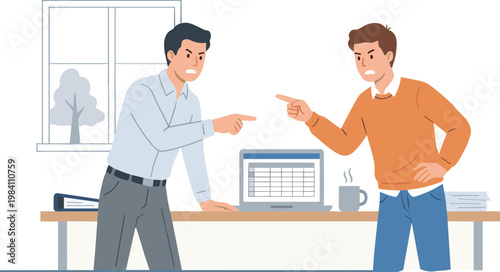 Two men discussing data on a computer screen in an office setting