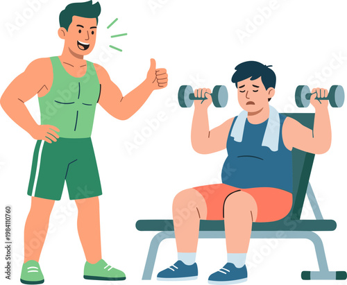 A man gives a thumbs-up to another man lifting dumbbells on a bench.