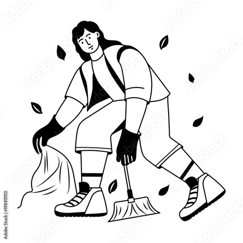 A glyph illustration showing a character doing park cleanup work 
