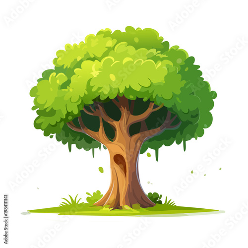 Large deciduous tree with a tree hole for woodland environment and environmental storytelling in detailed flat vector art for game designers and apps