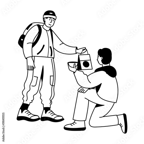 A glyph style illustration showing a character feeding beggar 
