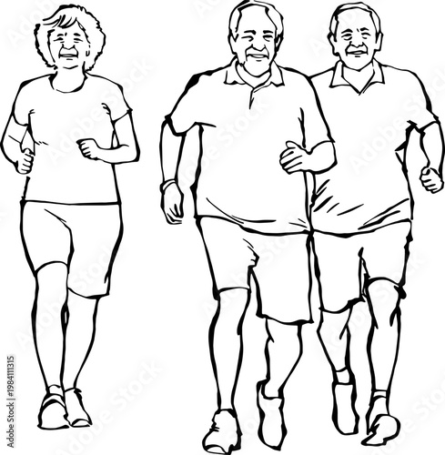 Group of active seniors running together line art