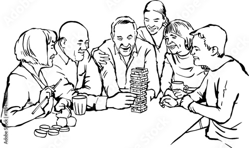 Seniors playing wooden block tower game line art vector