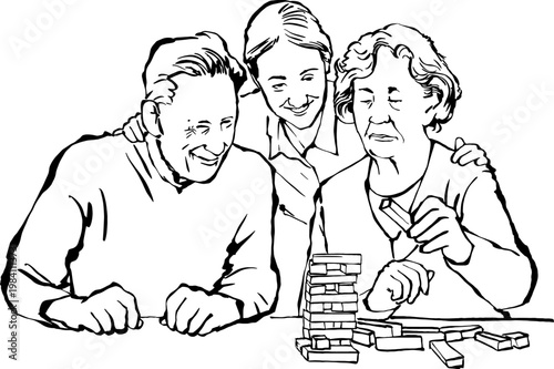 Seniors playing wooden block tower game line art