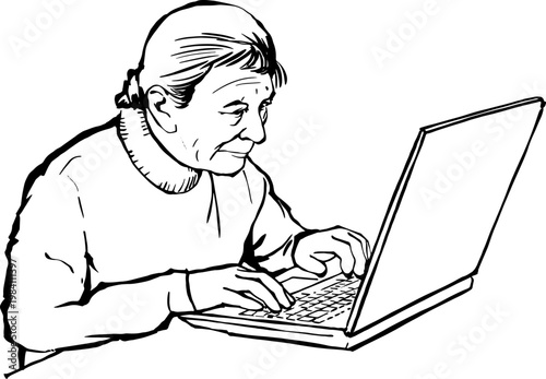 Senior woman typing on laptop computer line art vector