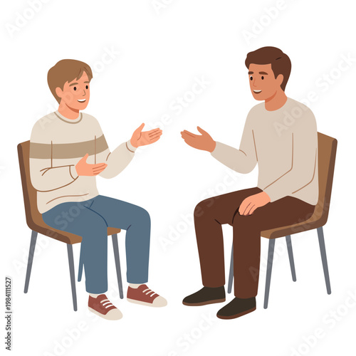 Two men sitting in chairs talking and gesturing in conversation