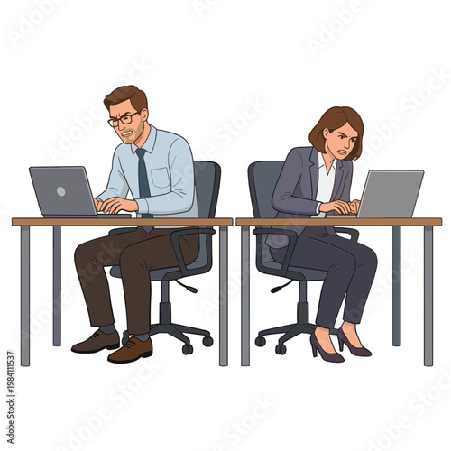 Two office workers sitting at desks using laptops in a workspace