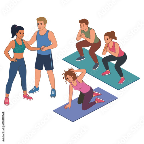 People exercising outdoors with fitness instructor on yoga mats together