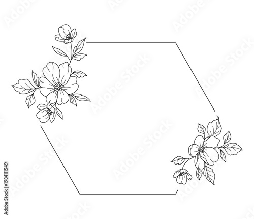 Floral polygon hand drawn style. Floral black and white frames of twigs, leaves and flowers. Frames for Valentine’s Day, wedding decor, logo and identity template.