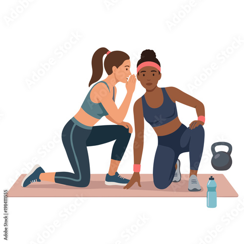 Two women in sports attire are talking on a yoga mat with fitness equipment nearby.