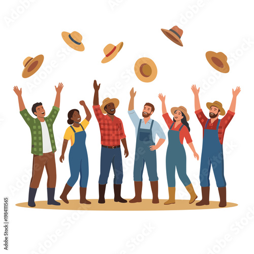 People throwing hats in a joyful celebration on a farm