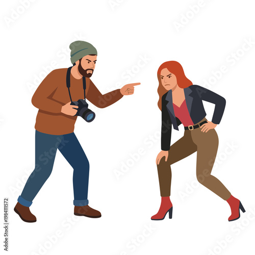 Man accuses woman with camera in hand of trespassing on private property outdoors.