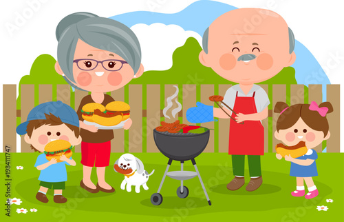 Family gathering barbecue picnic party with bbq grill, grandma serving hotdogs and hamburgers, grandpa with apron cooking food. Flaming roasted hot grill and children grand kids eating hot dogs.