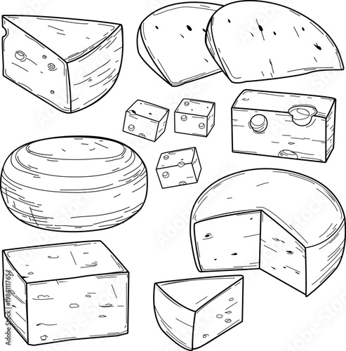 Various types of cheese sliced in pieces. Hand drawn ink sketch. Set of dairy products, vintage style stroke drawing. Retro style. Vector illustration collection