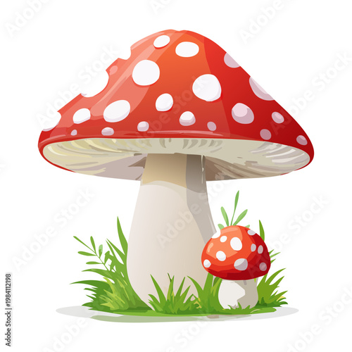 cute red mushroom with white spots standing on a small grassy mound for fantasy forest themes and children story book nature graphic design