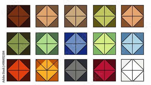 Collection of colorful geometric quilt blocks with diamond patterns, showcasing various color palettes for textile design, crafting, and creative projects.