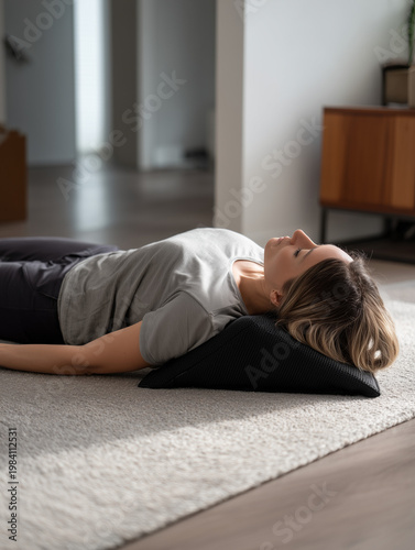 Frau liegt entspannt zur Rückenentlastung, Übung für Reha, Physiotherapie und Pilates, Linderung von Schulter- und Rückenschmerzen
