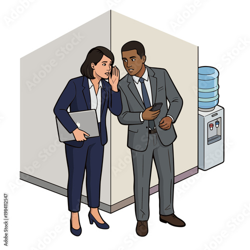Business colleagues talking near office water cooler with documents