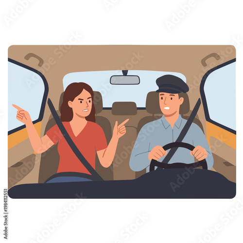 Woman pointing and talking to a man driving a car on the road