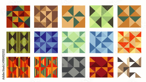 Collection of vibrant abstract geometric patterns with triangles and polygons in diverse color palettes, perfect for backgrounds, textiles, and modern design.