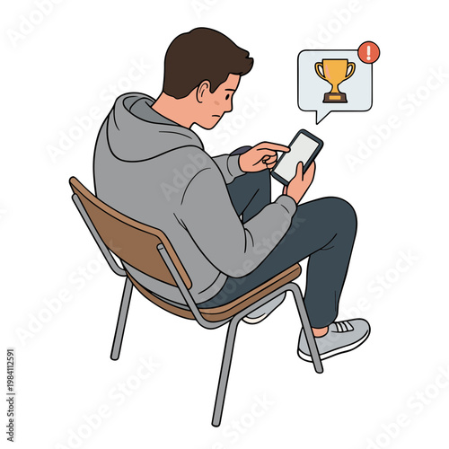 Man sitting on chair looking at phone with trophy notification