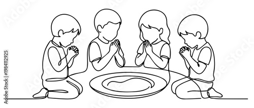 Children kneeling and praying over a plate. Continuous line art vector illustration. Saying grace before meal concept. Minimalist religious graphic