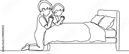 Children kneeling by a bed for bedtime prayer. Continuous line art vector illustration. Nightly ritual and faith concept. Minimalist childhood prayer graphic