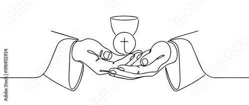 Hands holding chalice and Holy Eucharist line drawing. Catholic communion sacrament concept. Minimalist continuous line vector illustration