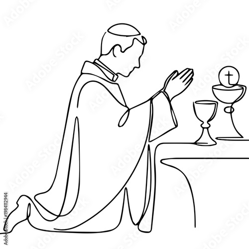 Priest praying at the altar. Continuous line art vector illustration of eucharist and communion. Catholic mass and liturgy concept isolated on white background