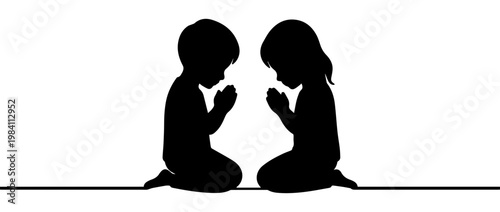 Silhouette of children praying. Boy and girl kneeling in prayer flat vector illustration. Religious and spiritual concept isolated on white background