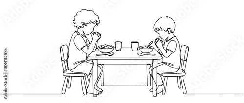 Children praying before meal line art. Two boys at dining table continuous line illustration. Minimalist vector graphic