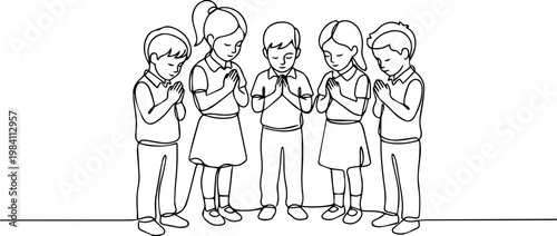 Group of children praying line art. Five kids standing with folded hands continuous line illustration. Religious education vector