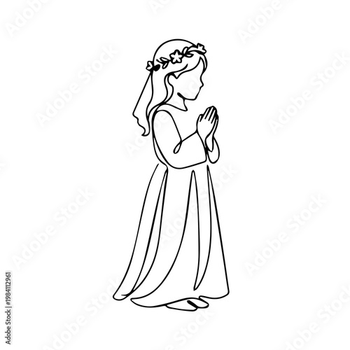 Girl in communion dress praying. Line art vector illustration of a child in religious ceremony. First holy communion concept. Minimalist spiritual graphic design