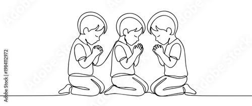 Three boys kneeling in prayer line art. Group of children with folded hands continuous line illustration. Religious education vector